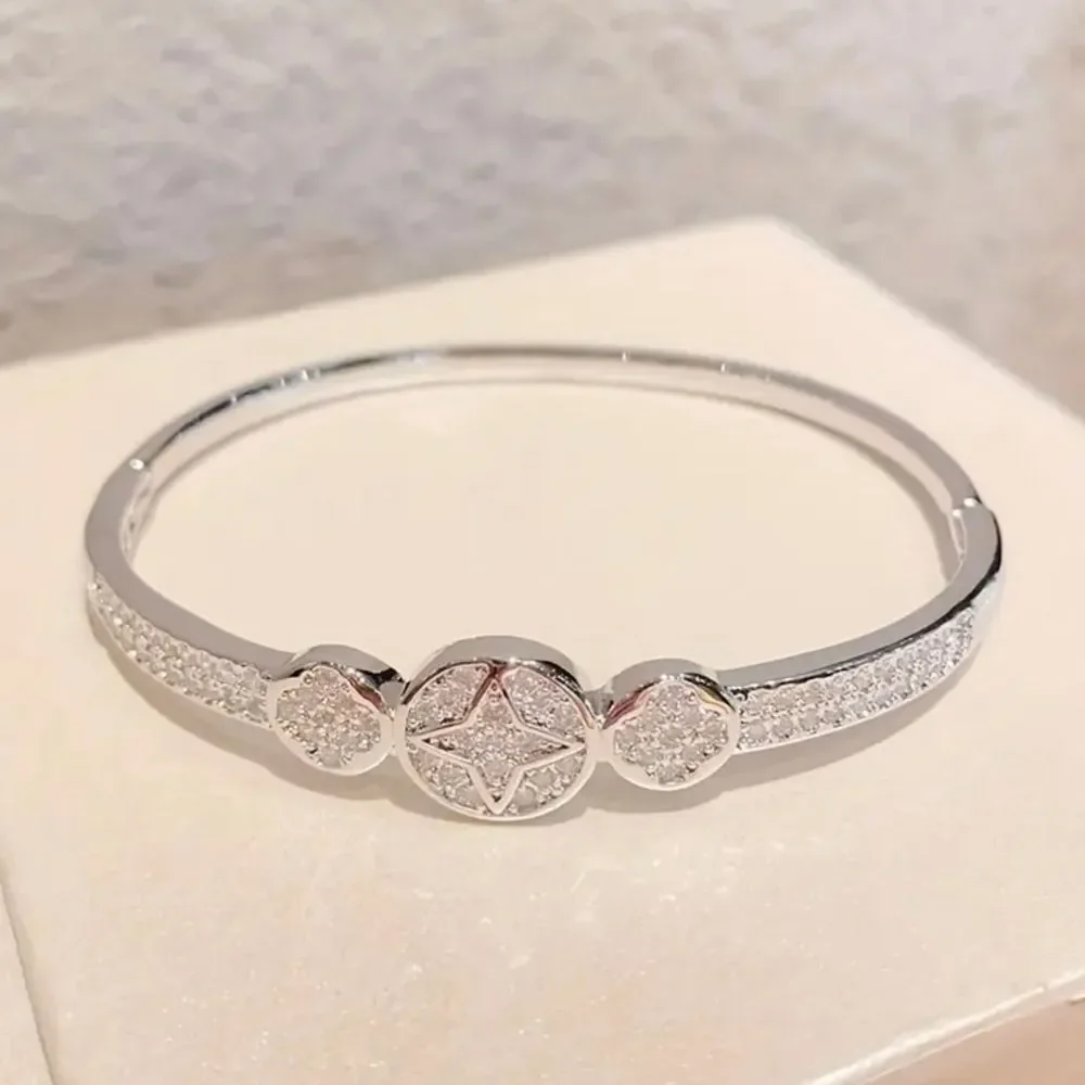 Silver Diamond Clover Bangle Bracelet